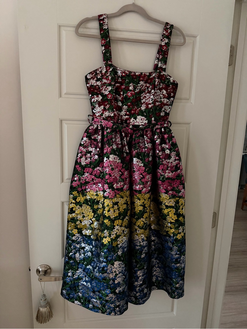 Mary Katrantzou Iris Metallic Floral Jacquard Belted Midi Dress